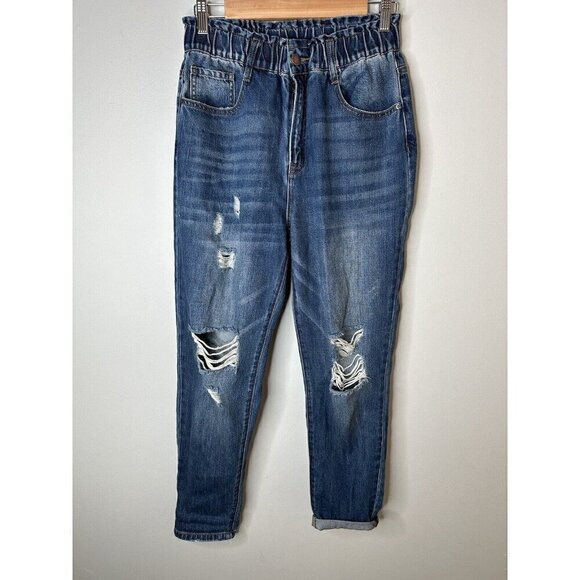Risen Los Angeles Womens Jeans Elastic Waist 80s Y2K Distressed Denim Blue Sz 27 - Picture 1 of 12